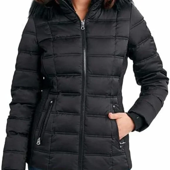 Women's Nautica Faux Fur Trim Hooded Mid-Length Black Puffer Jacket Size XL - Picture 2 of 14
